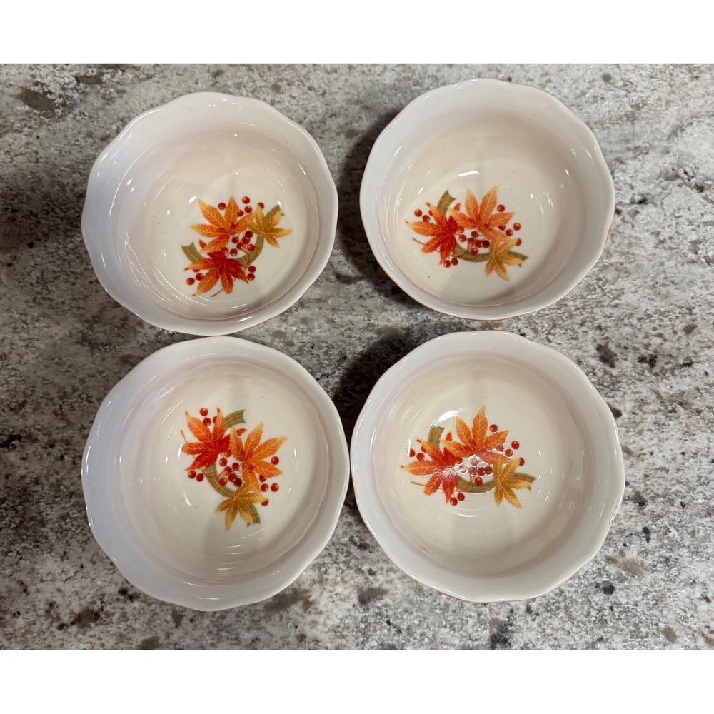 222 Fifth Autumn Celebration Fine China Bowls Set of 4 Fall Leaf Scalloped 5.5"